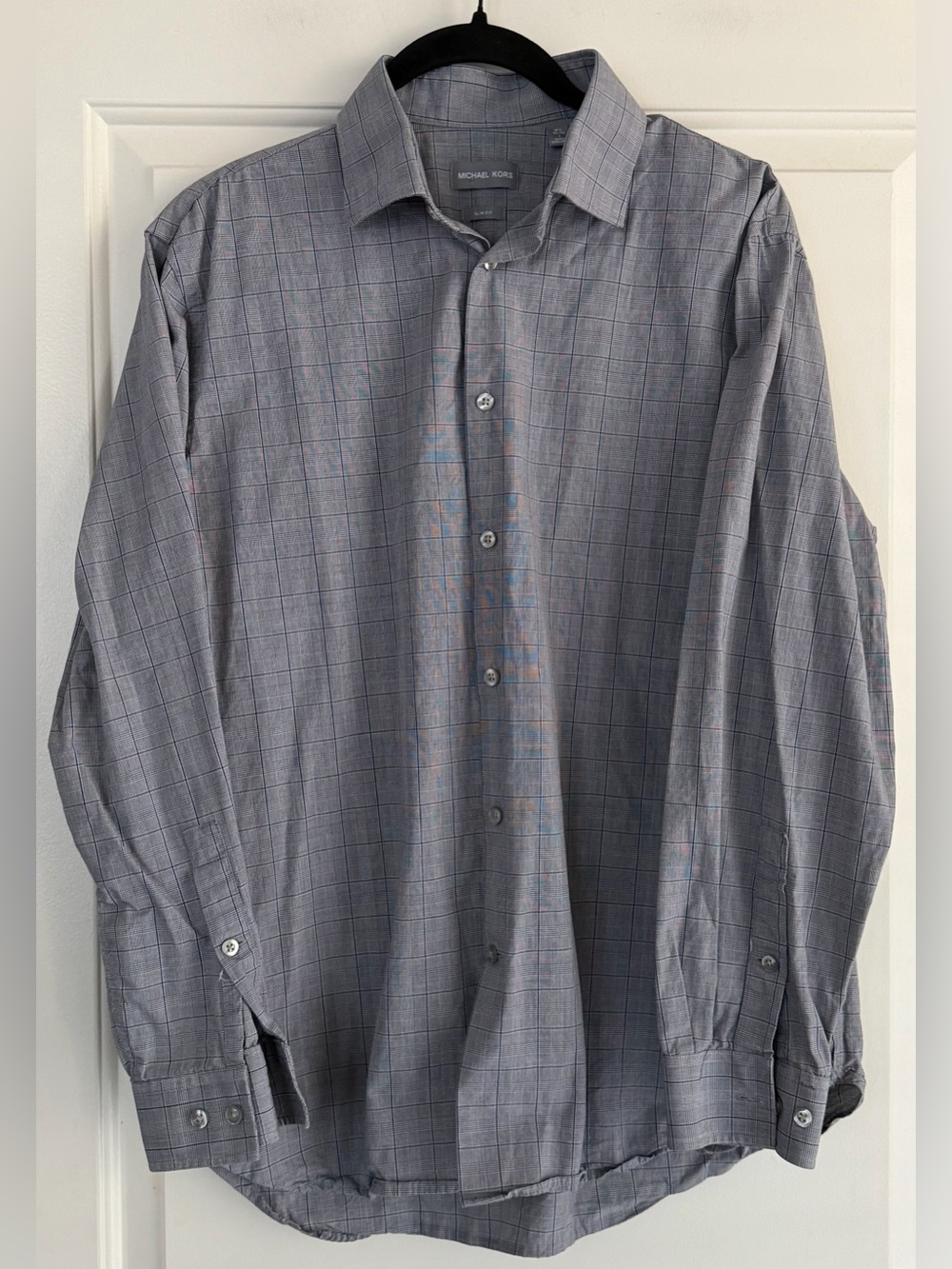 Michael Kors Men's Gray and White Slim Fit Plaid Dress Shirt-100% Cotton